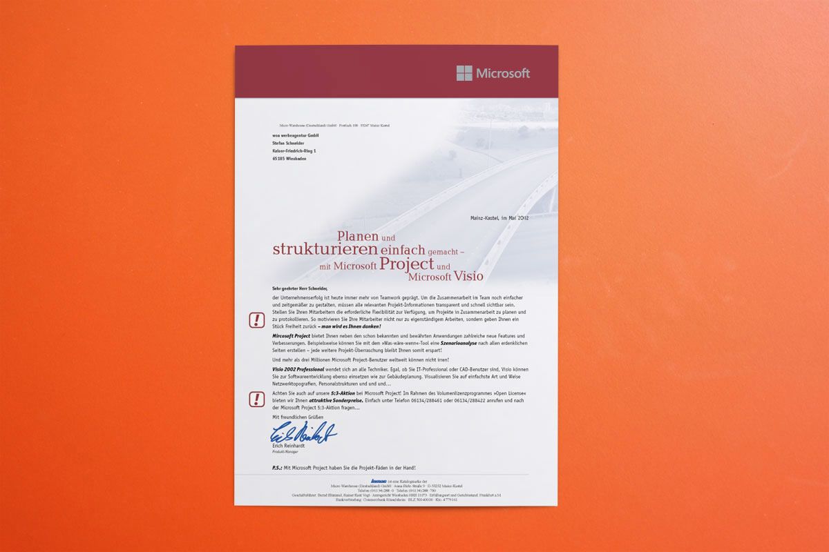 Microsoft Projects software with letter mailing as a dialogue instrument for Microsoft Germany is a WOA creation and reference.