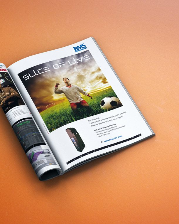 The international special interest magazine ad campaign for BMS Broadcast Microwave Services is a reference from WOA advertising agency.